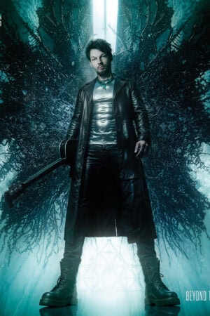 Dee Dammers in a dramatic forest setting for the Beyond the Shadows digipak album cover.