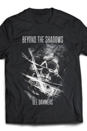 Black T-shirt featuring a skull and abstract design, inspired by "Beyond the Shadows" theme.