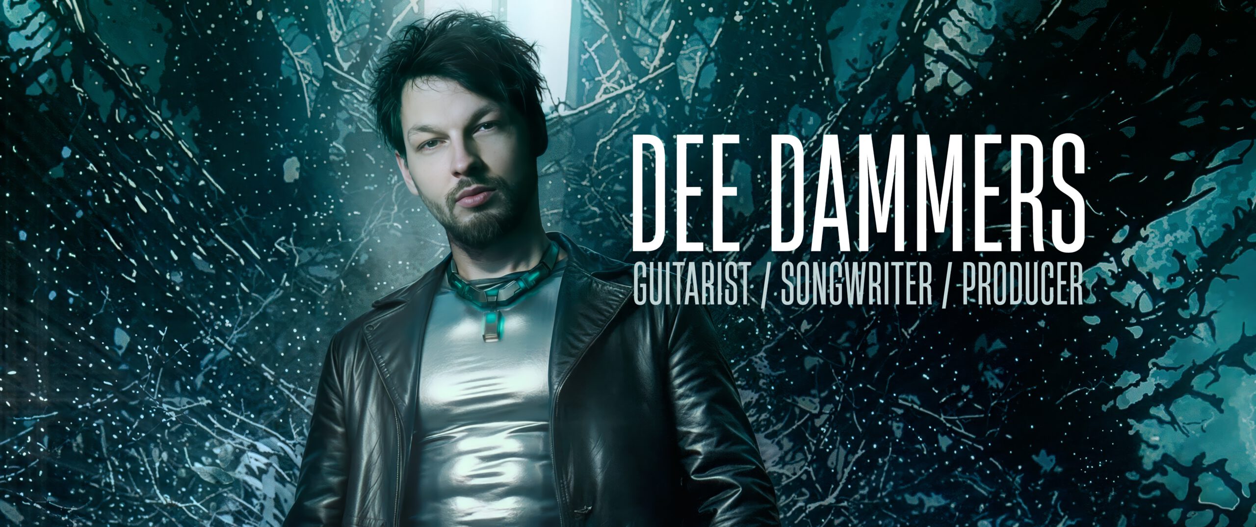Portrait of Dee Dammers, guitarist, songwriter, and producer, in a dynamic artistic setting.
