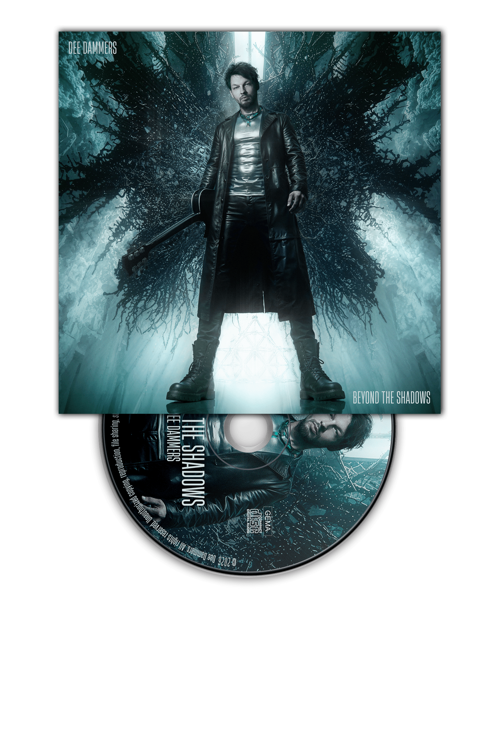 Dee Dammers album cover for Beyond the Shadows, featuring the artist in a dark, atmospheric forest s.