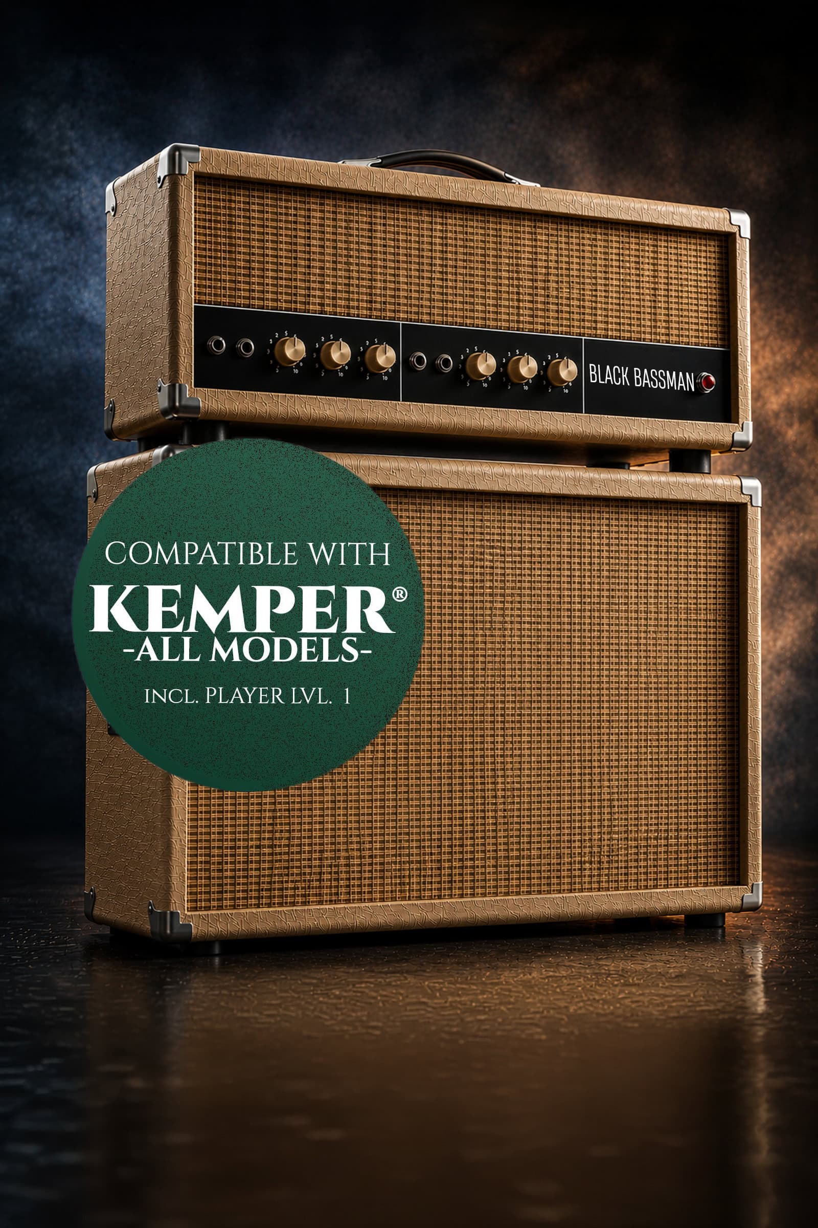 Guitar amplifier stack with Black Bassman 2.0 Kemper Pack label.